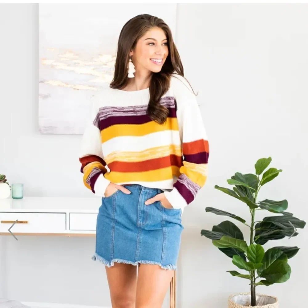 Mint Julep Boutique Yellow Burgundy & White Striped Wide Neck Sweater
